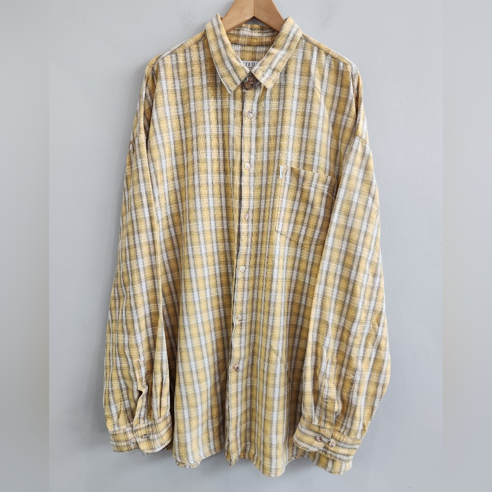 Citron Santa Monica Plaid Button Shirt Long Sleeve Yellow Beige Men's Size XXL